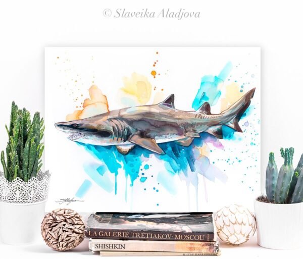 Sand tiger shark watercolor painting print by Slaveika Aladjova