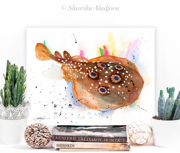 Common torpedo ray, Eyed electric ray watercolor painting print by Slaveika Aladjova