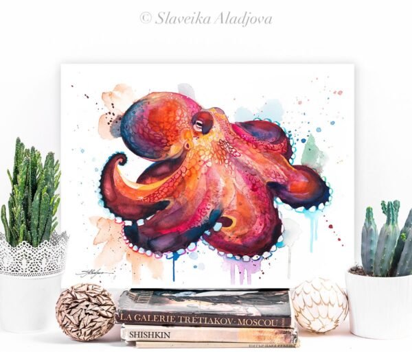 Coconut Octopus, Amphioctopus marginatus watercolor painting print by Slaveika Aladjova