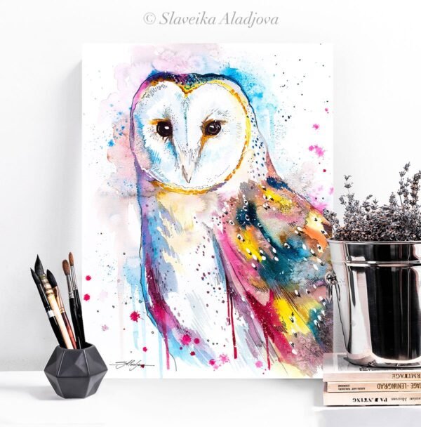 Barn owl watercolor painting print by Slaveika Aladjova