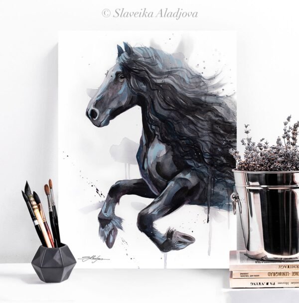 Friesian Horse watercolor painting print by Slaveika Aladjova