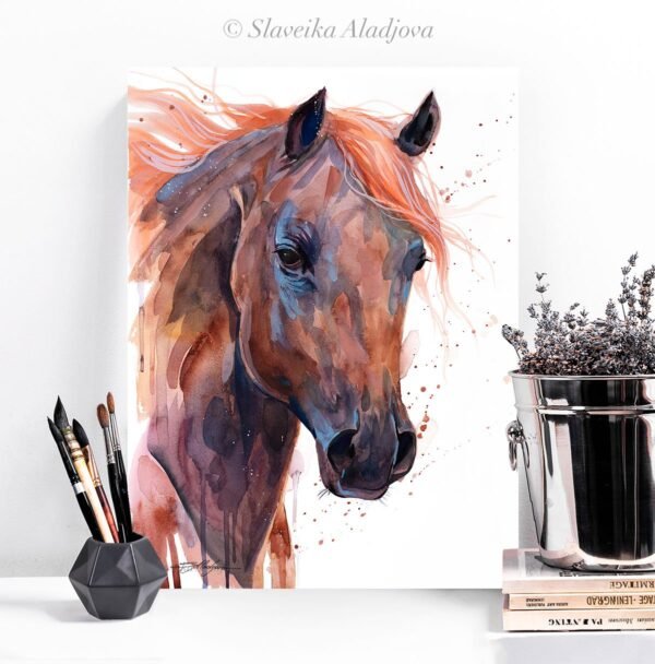 Brown Arabian Horse watercolor painting print by Slaveika Aladjova