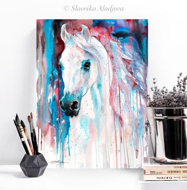 White horse watercolor painting print by Slaveika Aladjova