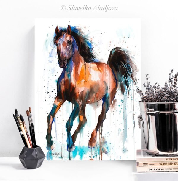Brown and Black Horse watercolor painting print by Slaveika Aladjova