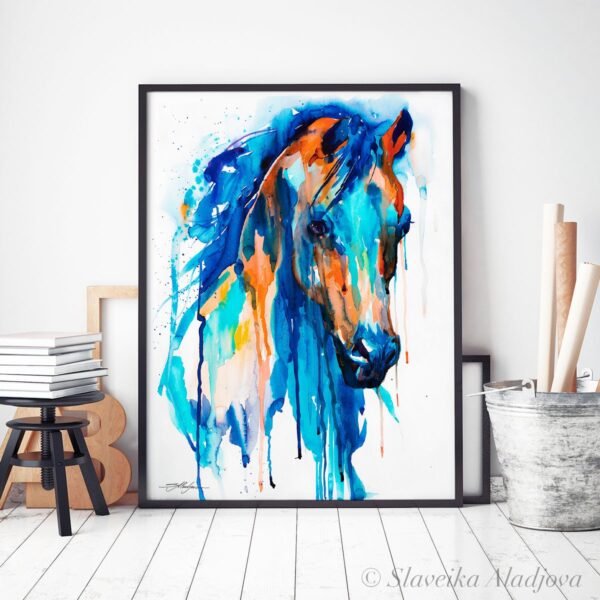 Blue Horse watercolor painting print by Slaveika Aladjova
