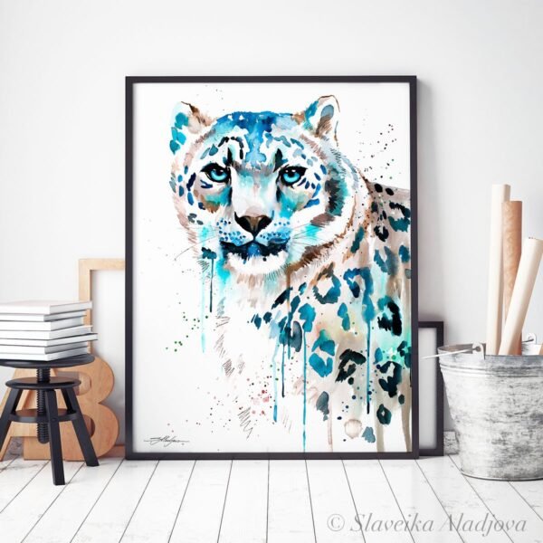 Snow leopard watercolor painting print by Slaveika Aladjova