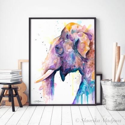 Asian Elephant Head watercolor painting print by Slaveika Aladjova
