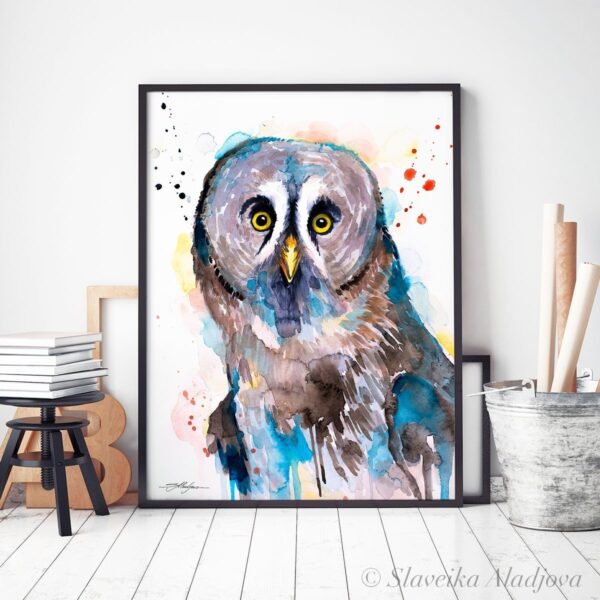 Great grey owl watercolor painting print by Slaveika Aladjova