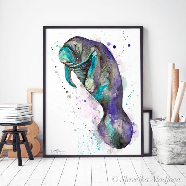 Blue Manatee watercolor painting print by Slaveika Aladjova
