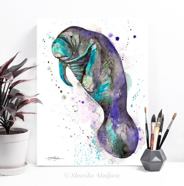 Blue Manatee watercolor painting print by Slaveika Aladjova