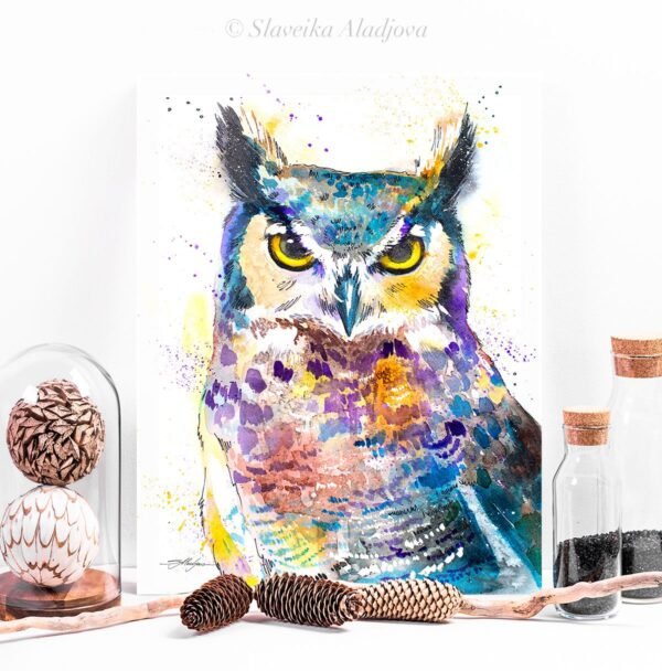 Horned Owl watercolor painting print by Slaveika Aladjova