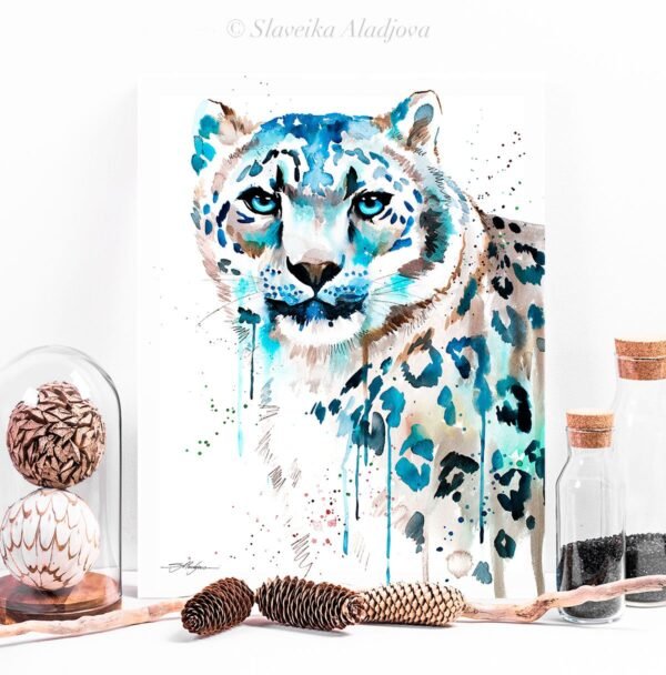 Snow leopard watercolor painting print by Slaveika Aladjova