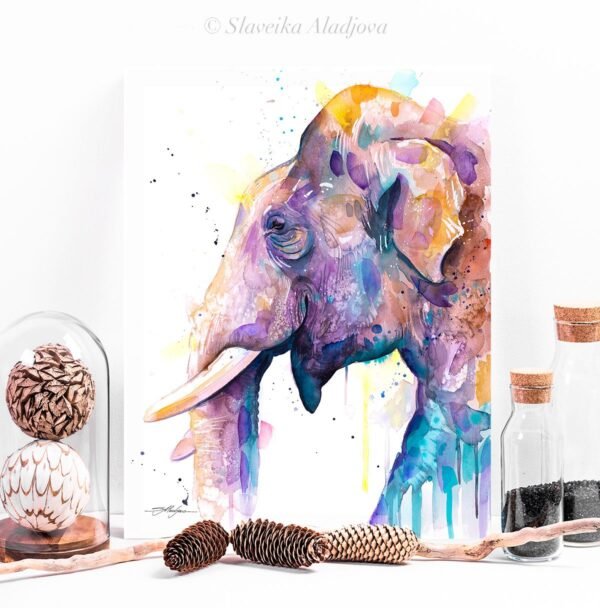 Asian Elephant Head watercolor painting print by Slaveika Aladjova