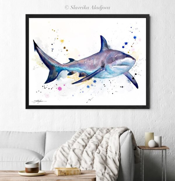 Grey reef shark watercolor painting print by Slaveika Aladjova