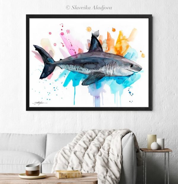 Salmon shark watercolor painting print by Slaveika Aladjova