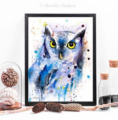 Screech owl watercolor painting print by Slaveika Aladjova