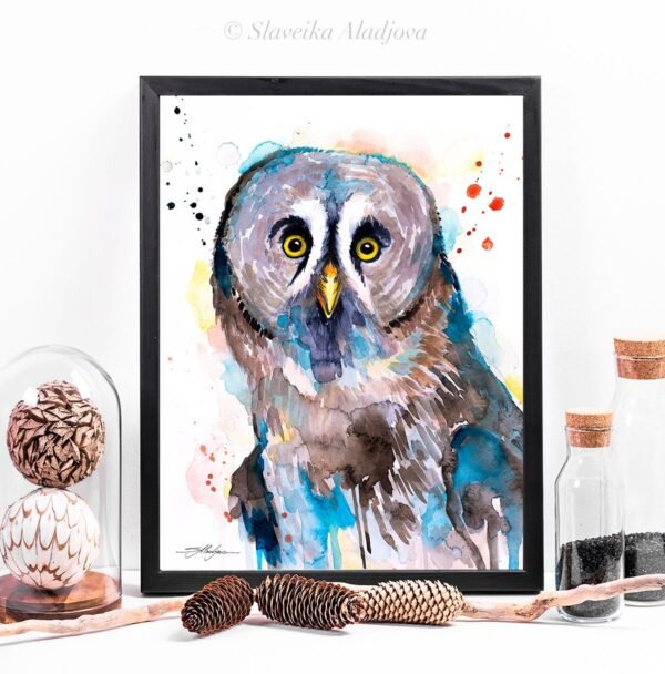 Great grey owl watercolor painting print by Slaveika Aladjova
