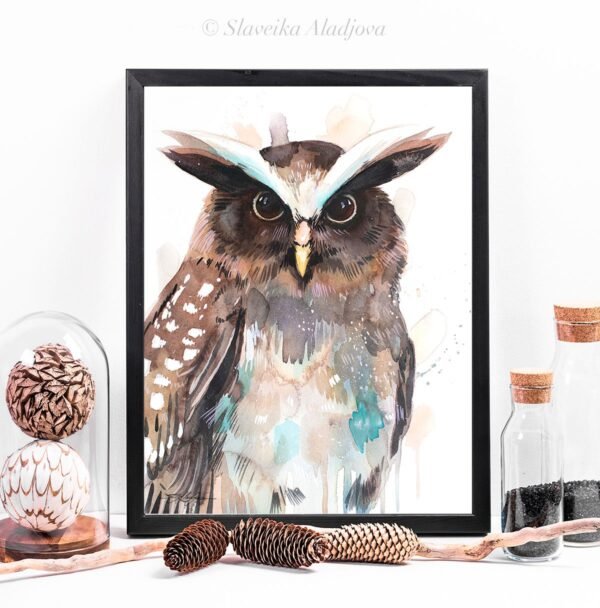 Crested owl watercolor painting print by Slaveika Aladjova