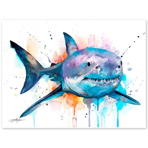 Great white shark watercolor painting print by Slaveika Aladjova
