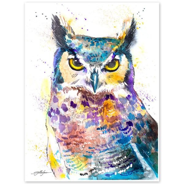 Horned Owl watercolor painting print by Slaveika Aladjova