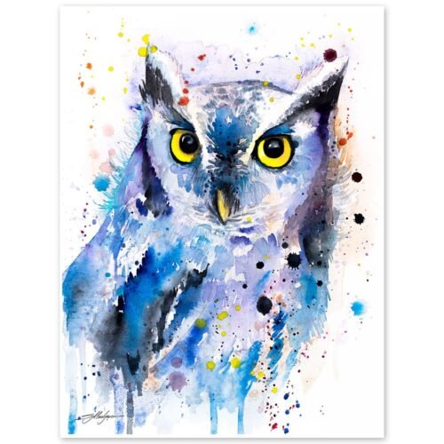 Screech owl watercolor painting print by Slaveika Aladjova