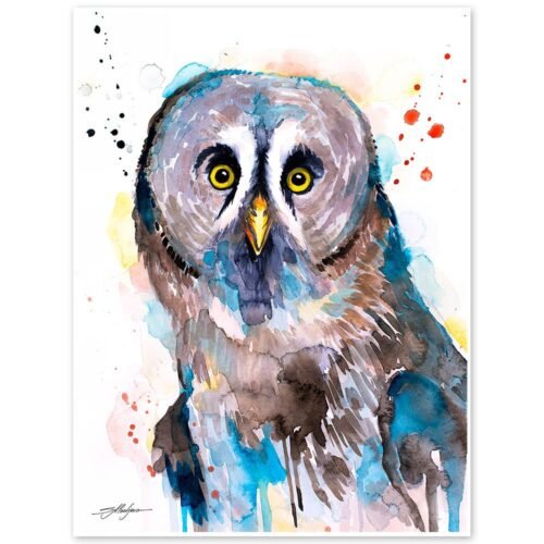 Great grey owl watercolor painting print by Slaveika Aladjova