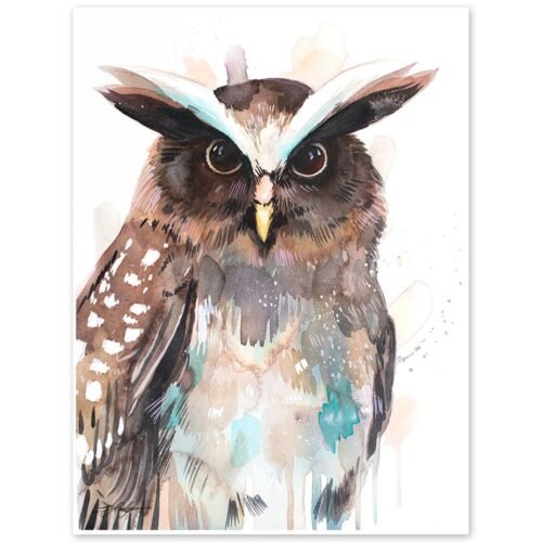 Crested owl watercolor painting print by Slaveika Aladjova
