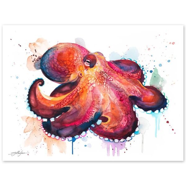 Coconut Octopus, Amphioctopus marginatus watercolor painting print by Slaveika Aladjova