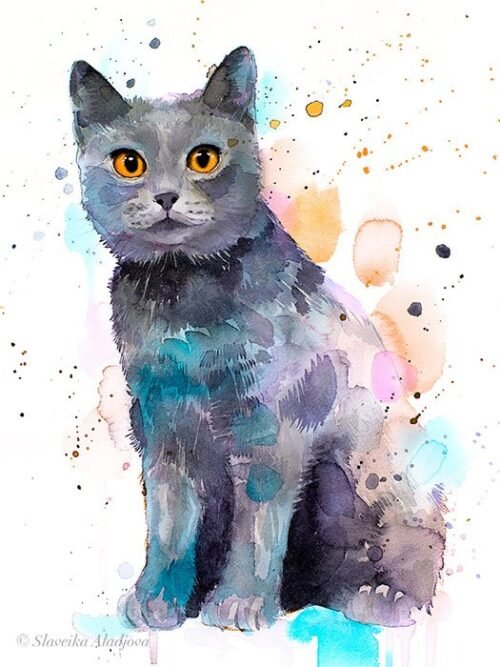 Chartreux cat watercolor painting print by Slaveika Aladjova