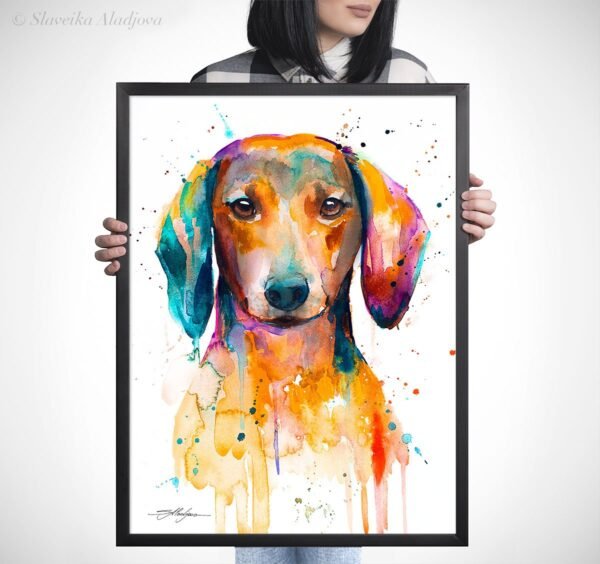 Red Dachshund watercolor painting print by Slaveika Aladjova