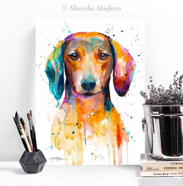 Red Dachshund watercolor painting print by Slaveika Aladjova