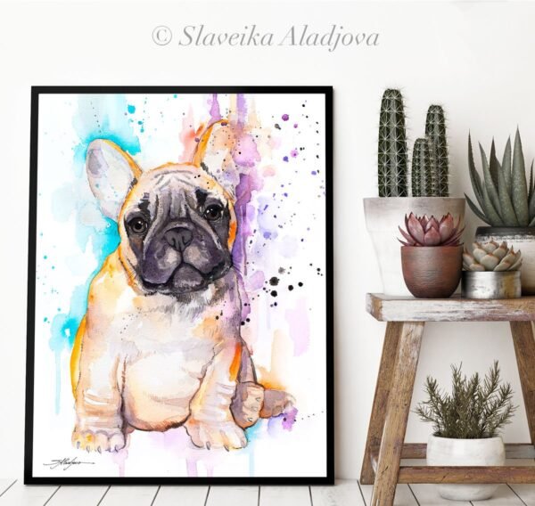 Baby fawn french bulldog watercolor painting print by Slaveika Aladjova