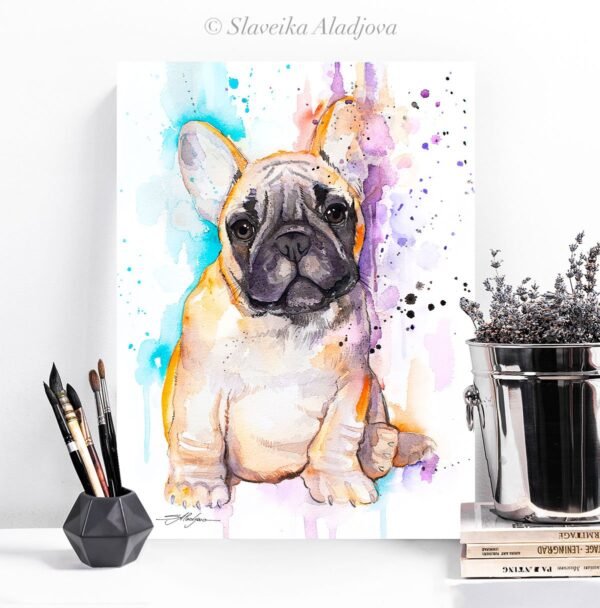 Baby fawn french bulldog watercolor painting print by Slaveika Aladjova