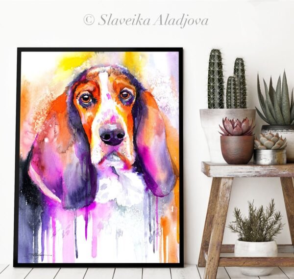 Basset watercolor painting print by Slaveika Aladjova Basset watercolor painting print by Slaveika Aladjova