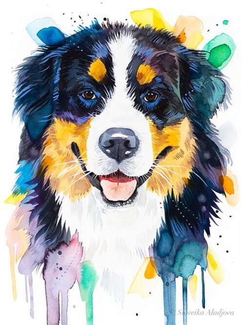 Bernese Mountain Dog watercolor painting print by Slaveika Aladjova
