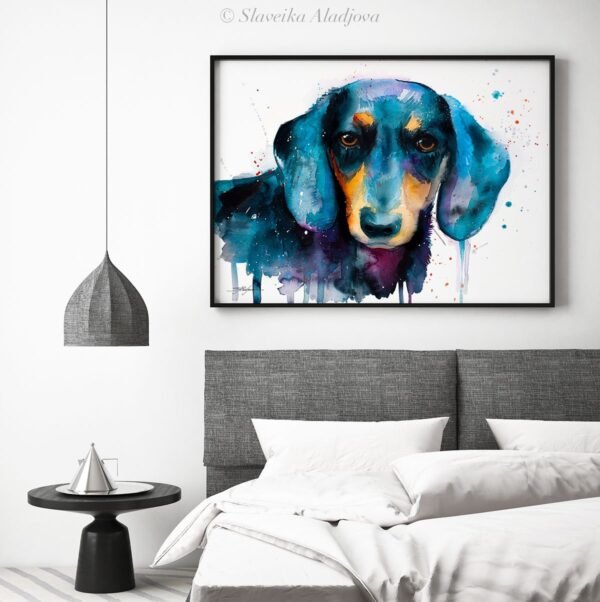 Black Dachshund watercolor painting print by Slaveika Aladjova