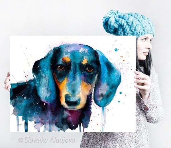 Black Dachshund watercolor painting print by Slaveika Aladjova