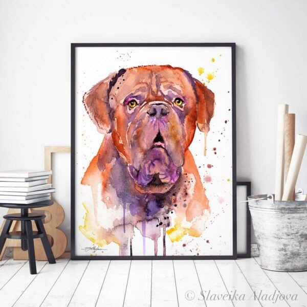Dogue de Bordeaux, Bordeaux Mastiff, French Mastiff watercolor painting print by Slaveika Aladjova