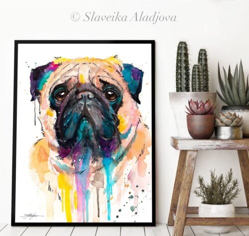 Pug watercolor painting print by Slaveika Aladjova