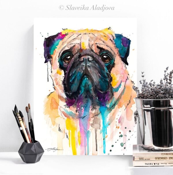 Pug watercolor painting print by Slaveika Aladjova