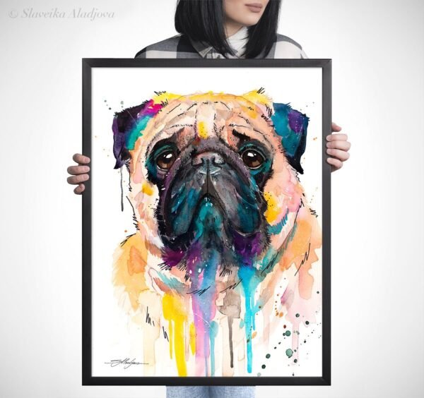 Pug watercolor painting print by Slaveika Aladjova