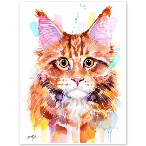 Maine Coon Cat Red Tabby watercolor painting print by Slaveika Aladjova