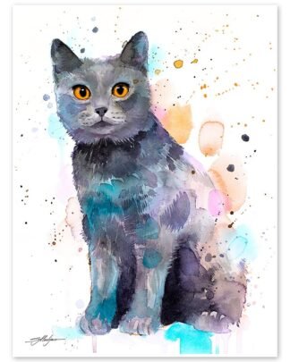 Chartreux cat watercolor painting print by Slaveika Aladjova