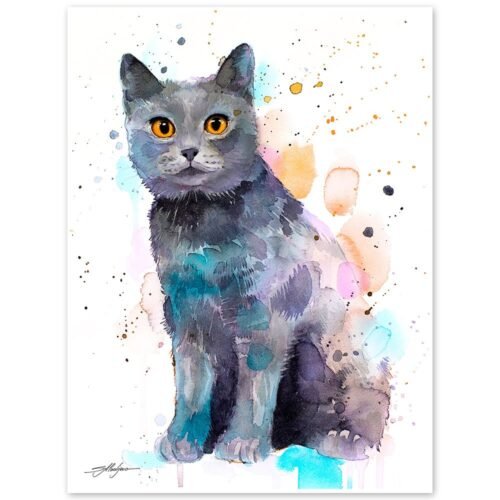 Chartreux cat watercolor painting print by Slaveika Aladjova