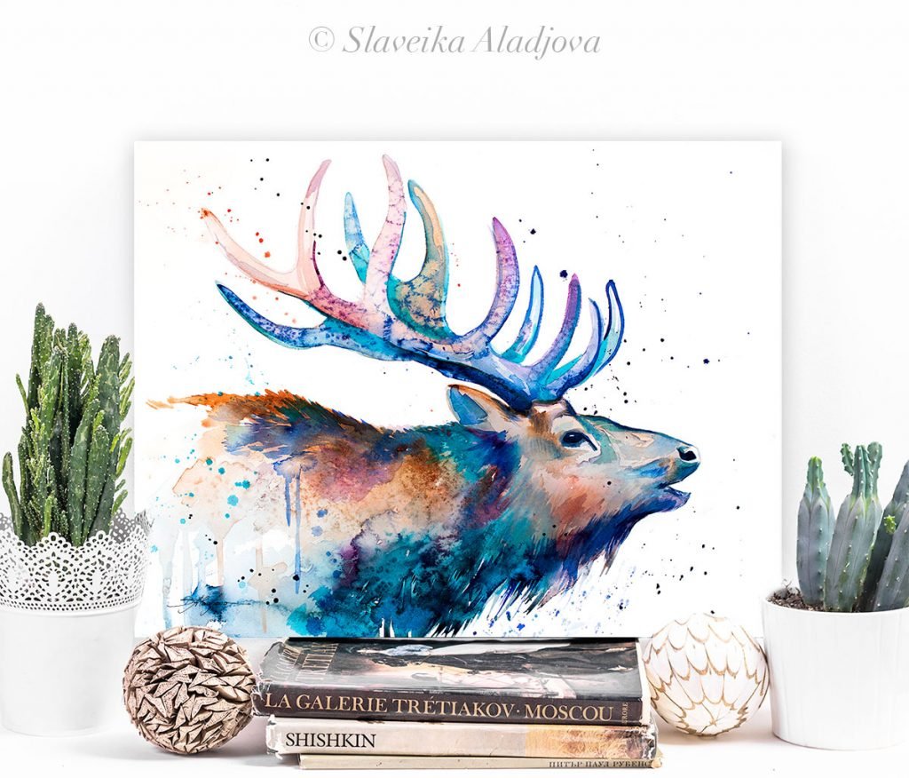 Red deer watercolor painting print by Slaveika Aladjova