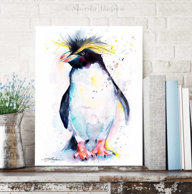 Rockhopper penguin watercolor painting print by Slaveika Aladjova