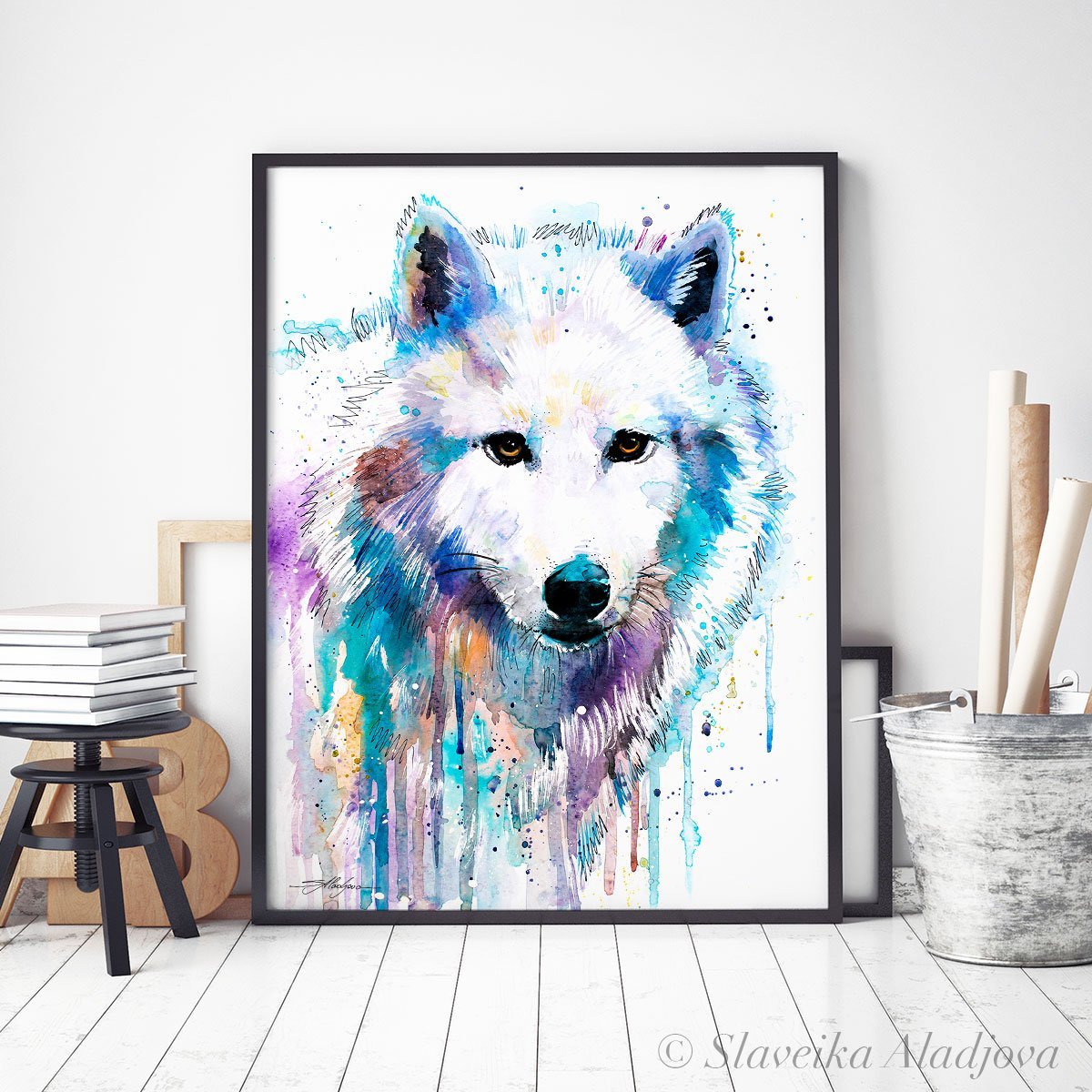 Arctic Wolf watercolor painting print by Slaveika Aladjova