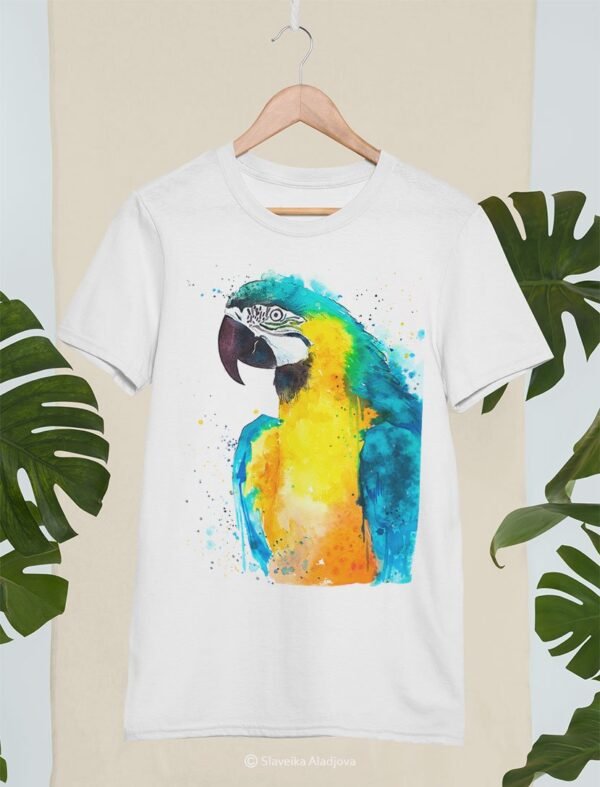 Blue and yellow macaw art T-shirt