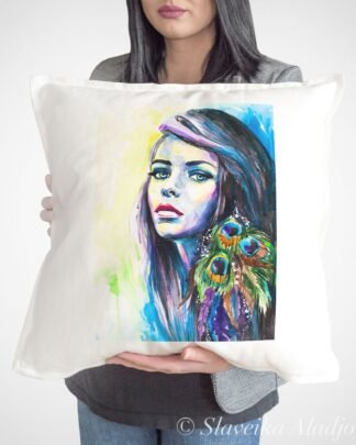 Girl with peacock earrings pillow cover