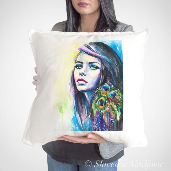 Girl with peacock earrings pillow cover Girl with peacock earrings pillow cover